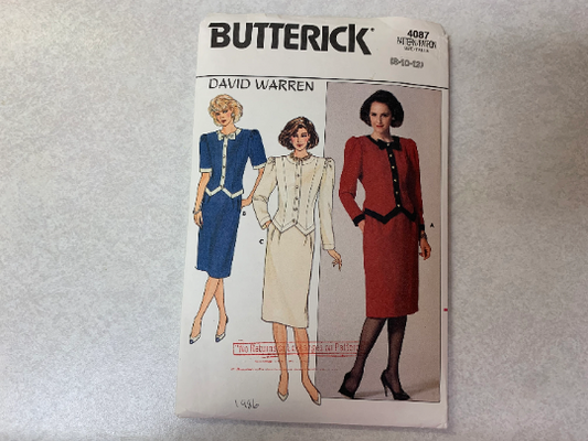 Butterick Sewing Pattern 4087 Misses' Top & Skirt, Fitted, Shoulder Pads, Long/Short Sleeves, Button Front, Zipper, Size 8-12, Uncut, Vintage 1986