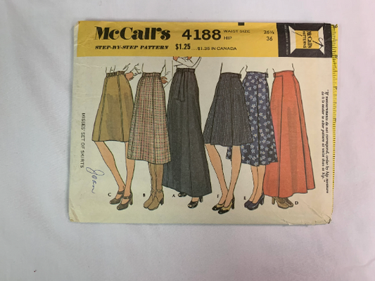 McCall's Sewing Pattern 4188 Misses' Skirts, Zipper, Waistband, 6 Variations, Pleats, Tie Belt, Waist 26 1/2 Inches, Cut, Vintage 1974