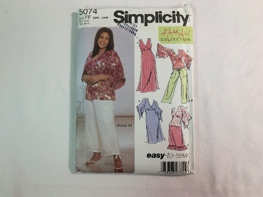 Simplicity Sewing Pattern Khaliah Ali 5074 Misses' Pullover Dress, Two Lengths, Top, Pants, Skirt, Elastic Waist, Pocket, Pull-On, Size 18W-24W, Uncut, 2004
