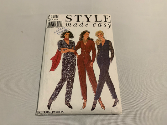 Style Sewing Pattern 2188 Misses' Jumpsuit, Semi-Fitted, Button Front, Collar, Long/Short Sleeves, Darts, Size 8-10, Cut, Vintage 1991