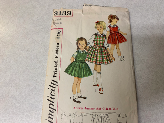 Simplicity Sewing Pattern 3139 Girls' Two Piece Jumper, Blouse, Top, Skirt, Button Back, Size 6, Cut, Vintage 1950