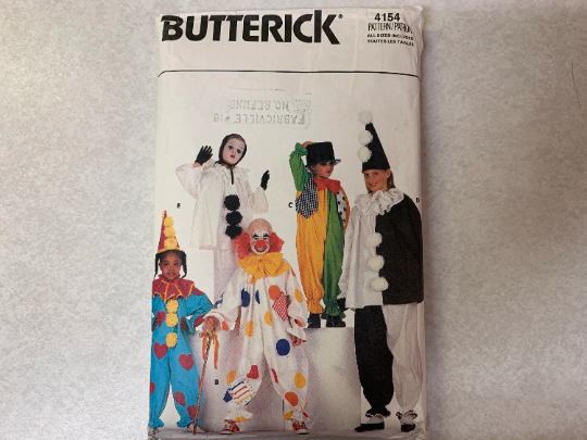 Butterick Sewing Pattern 4154 Boys'/Girls'/Children's Clown Costumes, Loose-Fitting, Pullover, Long Sleeves, Elastic Legs, Ties, Size Small, Cut, Vintage 1986