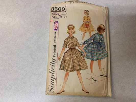 Simplicity Sewing Pattern 3569 Child's and Girls' One Piece Dress, Collar, Tie, Pockets, Long/Short Sleeves, Button Front, Size 10, Cut, Vintage 1950