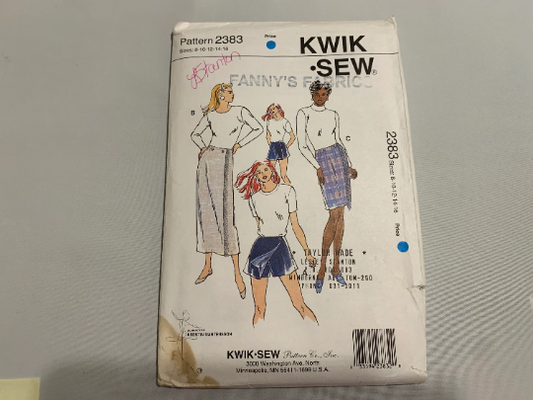 KWIK Sewing Pattern 2383 Misses' Skirts, Shorts, Skorts, Fitted, Zipper Front, Two Lengths, Fringe, Overlay, Button Closure, Size 8-10, Cut, Vintage 1994