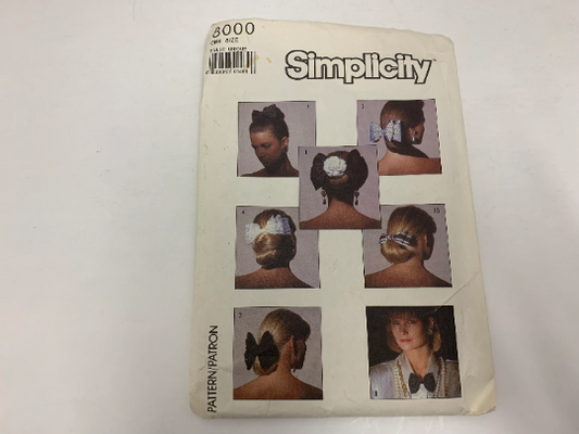 Simplicity Sewing Pattern 8000 Misses' Hair Accessories, Bows, Flowers, Net, Head Band, Fashion, Beauty, Hair Clip, Uncut, Vintage 1986