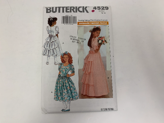 Butterick Sewing Pattern 4529 Children's/Girls Dress, Two Lengths, Semi-Fitted, Dropped Waist, Ruffles, Short Sleeves, Size 12-14, Uncut, Vintage 1989