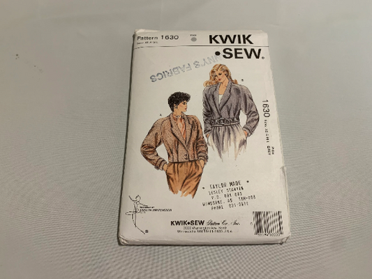 Kwik Sewing Pattern 1630, Misses' Jackets, Pockets, Button Front, Long Raglan Sleeves, Shoulder Pads, Shawl Collar, Size XS-L, Cut, Vintage 1987