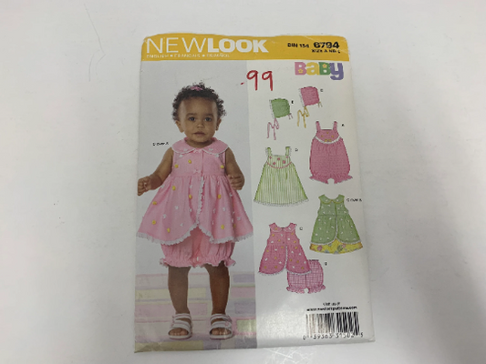 Simplicity New Look Sewing Pattern 6794 Baby/Infant Dresses, Rompers Shorts Top, Sleeveless, Elastic Waist/Legs, Bonnet, Hat, Size 7-24, Uncut, 2008