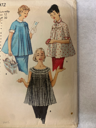 Simplicity Sewing Pattern 1472 Misses' Maternity Tops, Short Sleeves, Sleeveless, Pleats, 3 Variations Size 12, Cut, Vintage 1960