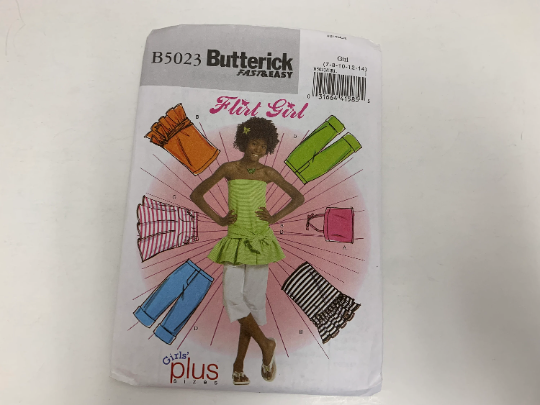 Butterick Sewing Pattern B5023 Girls' Plus Top, Skirt, Pants, Bag, Pullover, Sash, Flared, Pockets, Straight-Legged, Ties, Size 7-14, Uncut, 2007