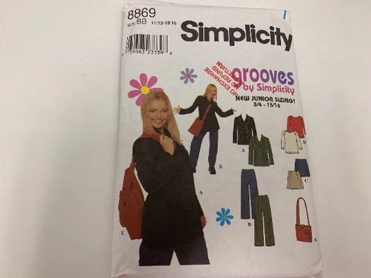 Simplicity Grooves Sewing Pattern 8869 Misses Jacket, Pants, Skirt, Bag, Knit Top, Button Front, Princess Seams, Pockets, Zipper, Size 11-16, Cut, Vintage 1999