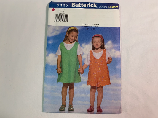 Butterick Sewing Pattern 5445 Girls' Jumper, Romper, Top, Loose-Fitting, A-Line, Mid-Knee Length, Pockets, Pullover, Panel, Size 6-8, Uncut, Vintage 1998