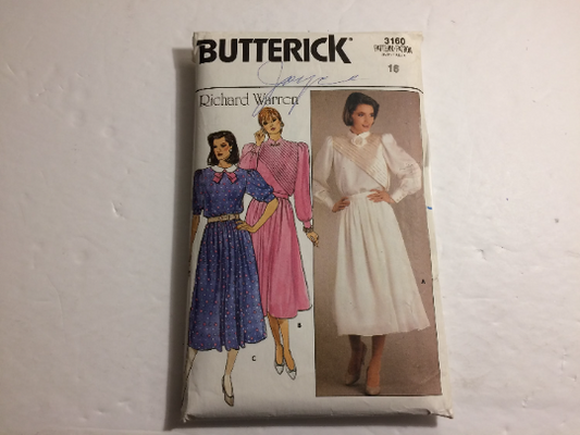 Butterick Sewing Pattern 3160 Misses' Top & Skirt, Long/Short Sleeves, Shoulder Puffs, Flared, Pleated, Zipper, Size 16, Cut, Vintage 1985