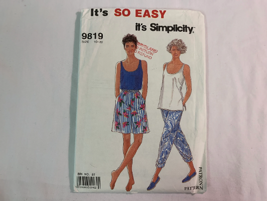 Simplicity Sewing Pattern 9819 Misses' Tops, Pants Shorts, Pull-On, Elastic Waist, Sleeveless, Side Slit, Round Neckline, Size 10-20, Uncut, Vintage 1990