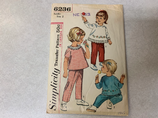 Simplicity Sewing Pattern 6236 Toddlers' Top, Pants, Elastic Waistline, Suspenders, Long/Short Sleeves, Collar, Ruffles, Size 2, Cut, Vintage 1965