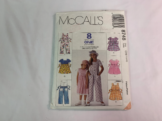 McCall's Sewing Pattern 8748 Girls, Children's Dress, Jumpsuit, Romper, Loose Fitting, Short Sleeves, Sleeveless, Size 10, Cut, Vintage 1997