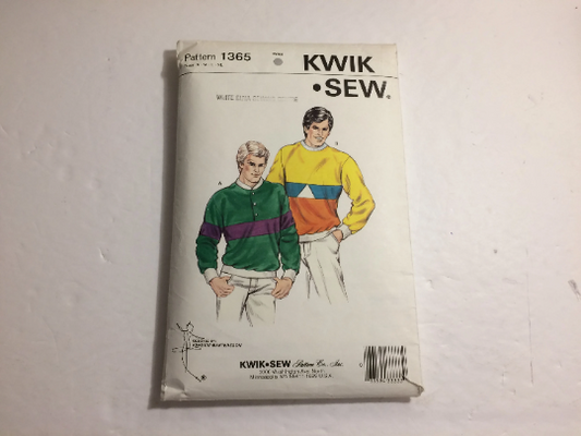 KWIK Sewing Pattern 1365 Men's Shirt, Size Pullover, Long Sleeves, 34-48, Cut, Vintage 1984