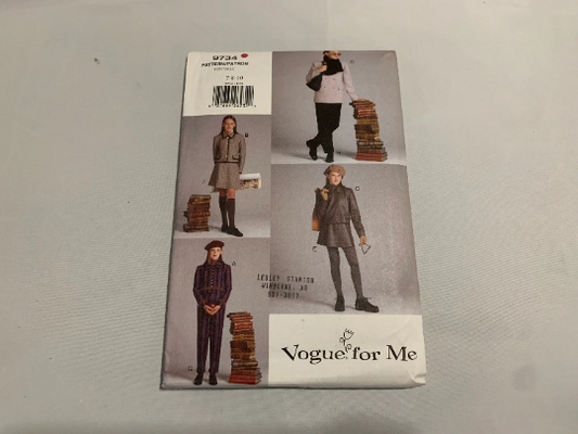 Vogue Sewing Pattern 9734, Girls' Jacket, Skirt, Pants, Scarf, Semi-Fitted, Shoulder Pads, Long Sleeves, Zipper, Tapered, Size 7-10, Uncut, Vintage 1997