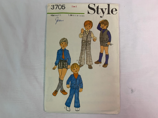 Style Sewing Pattern 3705Boy's Cardigan, Pants, Trousers, Shorts, Front Zipper, Pockets, Sleeves, Elastic Waist, Sleeveless, Size 2, Cut, Vintage 1972