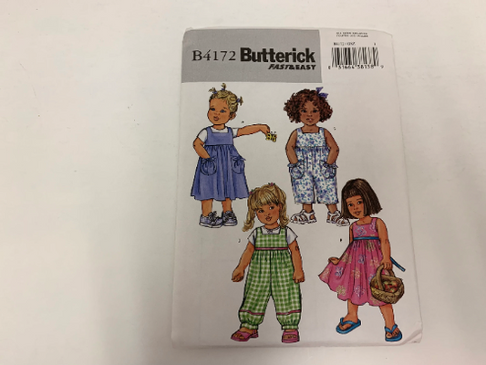 Butterick Sewing Pattern B4172 Toddlers' Jumper, Jumpsuit, Dress, Sleeveless, Semi-Fitted, Gathered Skirt, Zipper, Pockets, Size 1-4, Uncut, 2004