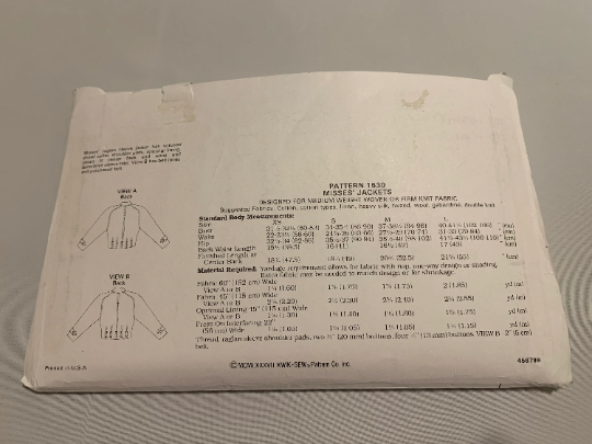 Kwik Sewing Pattern 1630, Misses' Jackets, Pockets, Button Front, Long Raglan Sleeves, Shoulder Pads, Shawl Collar, Size XS-L, Cut, Vintage 1987