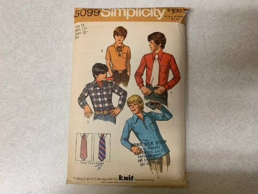 Simplicity Sewing Pattern 5099 Boys' Shirts, Long/Short Sleeves, Button Front, Pockets, Collar, Cuffs, Zipper, Tie, Size 12, Cut, Vintage 1972