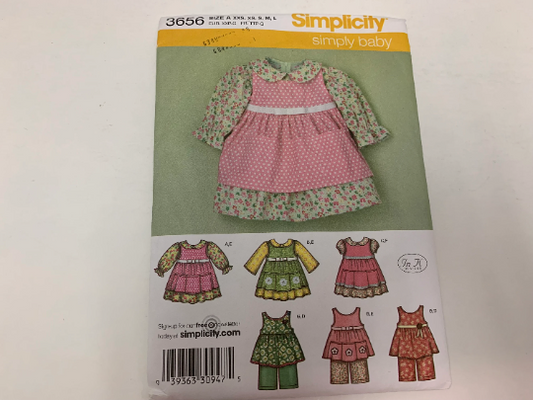 Simplicity Sewing Pattern 3656 Babies, Girls' Dress, Pinafore, Pants, Size 7-24 Pounds, Uncut, 2007