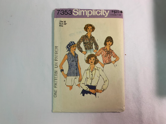 Simplicity Sewing Pattern 7353 Misses' Blouse, Scarf, Semi-Fitted, Button Front, Long Short Sleeves, Sleeveless, Collar, Size 16, Cut, Vintage 1976
