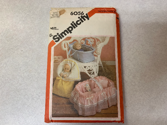 Simplicity Sewing Pattern 6056 Dolls' 18 Inch Carriers, Beds, Bassinets, Covered Basket, Bunting, Ruffles, Skirt, Mattress, Lace, Ribbon, One Size, Cut, Vintage 1983