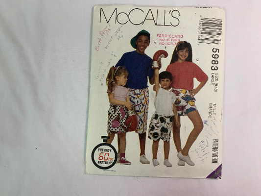 McCall's Sewing Pattern 5983 Children's Boys and Girls Boxer Shorts, 3 Lengths, Pull-On, Pockets, Loose-Fitting, Size 10, Cut, Vintage 1992