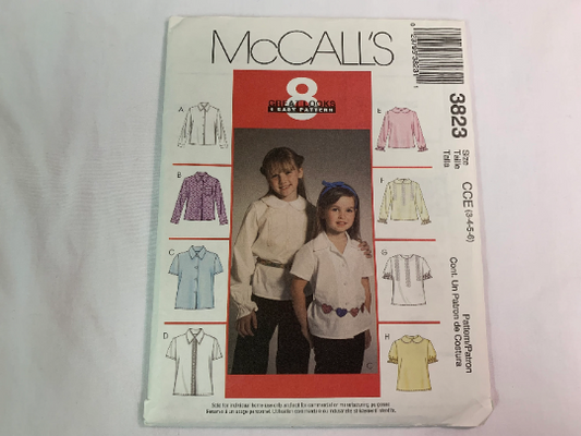 McCall's Sewing Pattern 3823 Girls' Shirts, Blouses, Button Front, Long/Short Sleeves, Ruffle, Collar, Pockets, Size 3-6, Cut, 2002