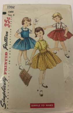 Simplicity Sewing Pattern 1702 Girls' Dress, Jumper, Blouse, Flared Skirt, Short Sleeves, Shoulder Straps, Size 6, Cut, Vintage 1960