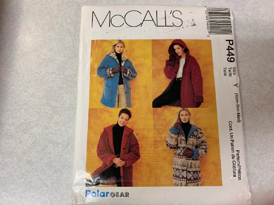 McCall's Sewing Pattern P449 Misses' Reversible Jacket, Loose Fitting, Zipper, Front Button Closure, Hood, Pockets, Size 4-14, Uncut, Vintage 1999