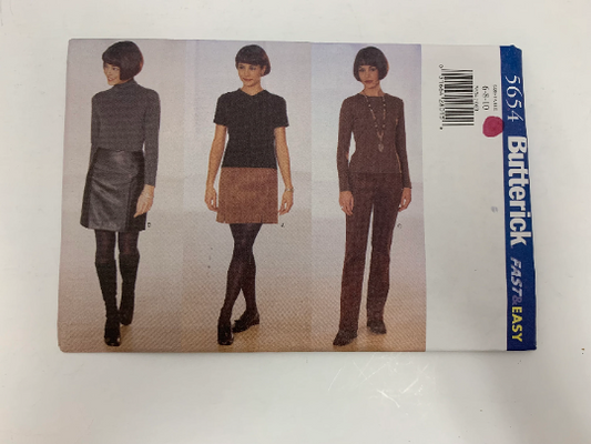 Butterick Sewing Pattern 5654 Misses' Skirt, Pants, A-Line, Zipper, Above Knee Length, Waistband, Straight Legged, Size 6-10, Uncut, Vintage 1998