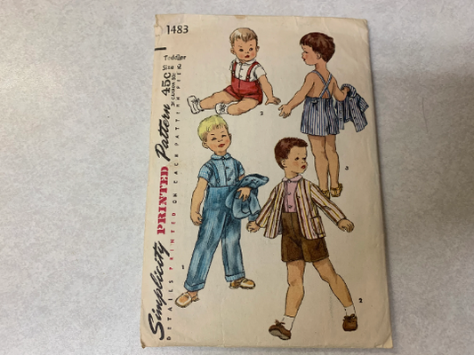Simplicity Sewing Pattern 1483 Toddlers' Boys' Shirt, Pants, Jacket, Shorts, Suspenders, Two Lengths, Size 2, Cut, Vintage 1960