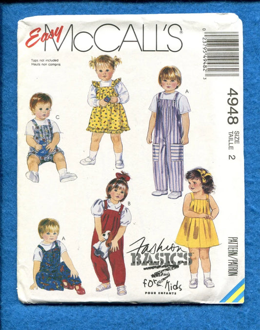 McCall's Sewing Pattern 4948 Toddlers' Jumper, Jumpsuit, 2 Lengths, 6 Variations, Sleeveless, Shoulder Straps, Ruffles, Pleats, Size 2, Uncut, Vintage 1987